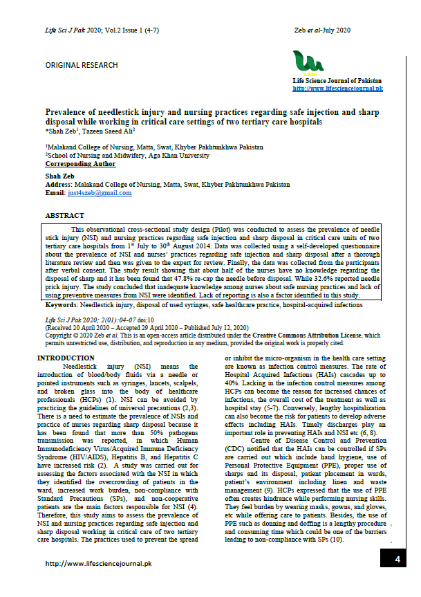 Prevalence of needlestick injury and nursing practices regarding safe injection and sharp disposal while working in critical care settings of two tertiary care hospitals 